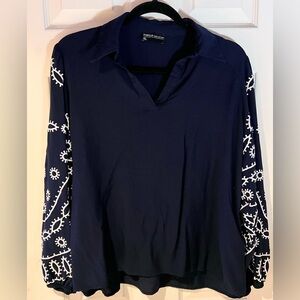 Marwa Dark Blue Blouse with White Embroidered Detailing